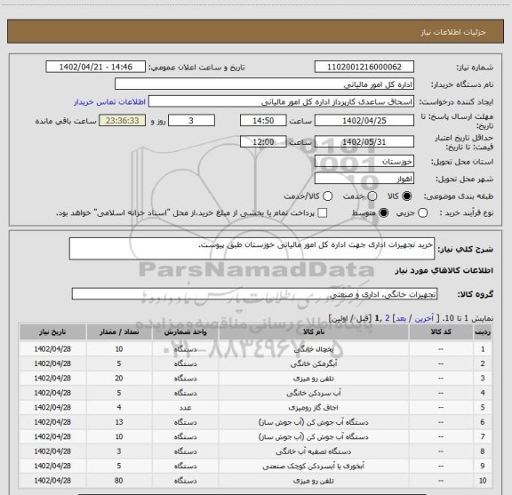 استعلام خرید تجهیزات اداری جهت اداره کل امور مالیاتی خوزستان طبق پیوست.