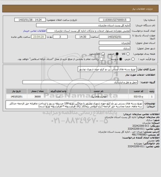 استعلام توزیع بسته های پستی زیر دو کیلو حوزه شهری نوشهر