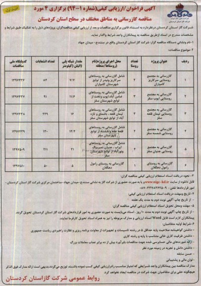 آگهی فراخوان/ ارزیابی کیفی ,مناقصه  برگزاری 4 مورد  مناقصه گاز رسانی به مناطق مختلف در سطح استان 