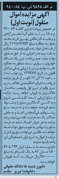 آگهی مزایده اموال منقول,مزایده خودرو سمند به شماره ایران 246 ط 59-15  
