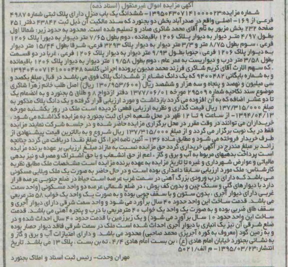 مزایده,مزایده ششدانگ یکباب منزل بخش دو بجنورد