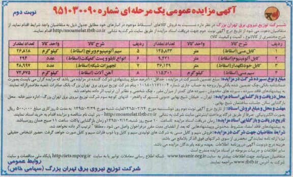 آگهی مزایده عمومی یک مرحله ای, مزایده کابل مسی اسقاطی .... نوبت دوم 