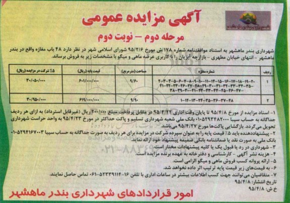 مزایده,مزایده فروش 48 باب مغازه کاربری عرضه ماهی و میگو نوبت دوم