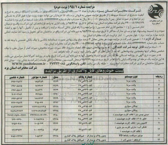 مزایده , مزایده فروش تعداد 12 دستگاه اتومبیل و 1 دستگاه موتورسیکلت و 1 دستگاه ترینچر نوبت دوم
