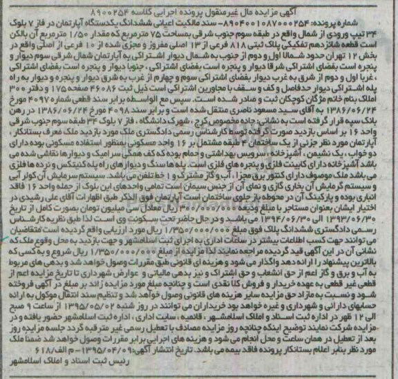 مزایده,مزایده سند مالکیت اعیانی ششدانگ اپارتمان