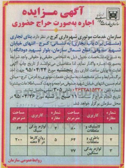 آگهی مزایده, مزایده واگذاری به صورت اجاره بنای تجاری مشتمل بر 5 باب تجاری