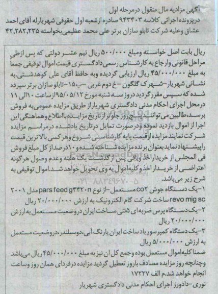 مزایده,مزایده یک دستگاه جوش CO2 ، یک دستگاه کمپرسور باد ساخت