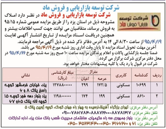 مزایده,مزایده املاک کاربری مسکونی با عرصه 172.5 و 199متر 