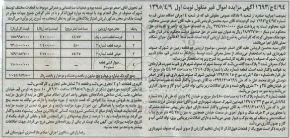 مزایده,مزایده دو قطعه زمین به شماره 1693/4ج/94 نوبت اول