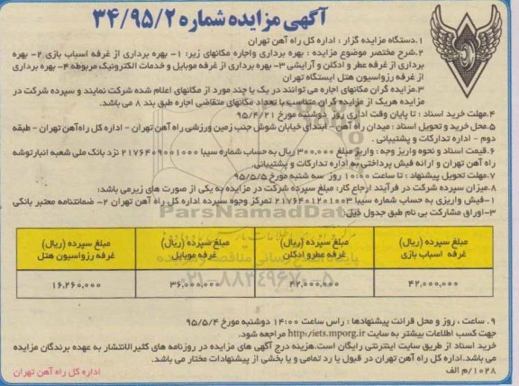 مزایده , مزایده بهره برداری و اجاره مکانهای زیر: 1. بهره برداری از غرفه اسباب بازی