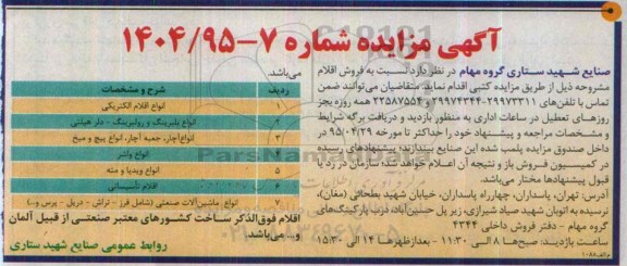 آگهی مزایده, مزایده فروش اقلام الکتریکی انواع بلبرینگ و رولبرینگ و ....