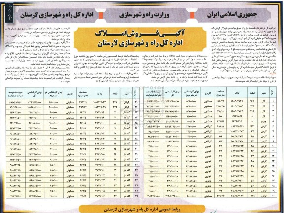 مزایده,مزایده فروش املاک در شهر لار.گراش.گله دار و جویم نوبت دوم  