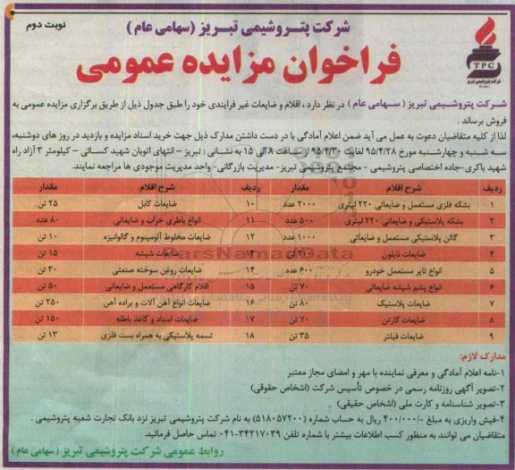 فراخوان مزایده عمومی , مزایده فروش اقلام و ضایعات غیر فرآیندی - نوبت دوم