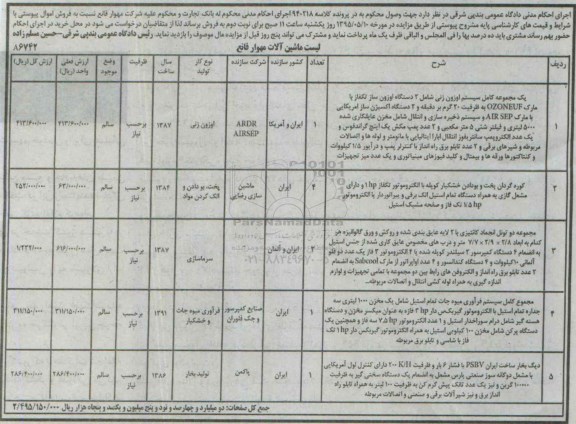 مزایده,مزایده یک مجموعه کامل سیستم اوزون زنی و ... 