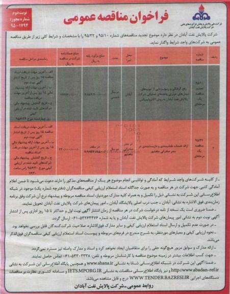 فراخوان , فراخوان مناقصه رفع گرفتگی و رسوب زدایی از تیوپ های مبدل حرارتی واحدهای عملیاتی ..... نوبت دوم