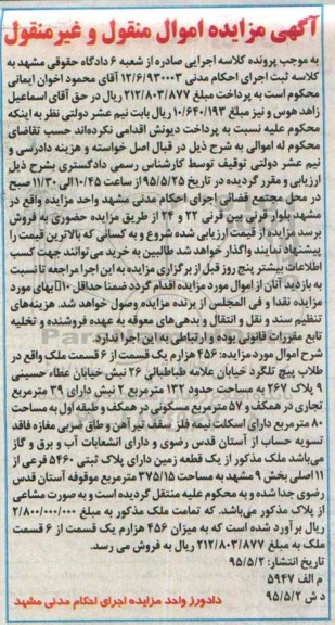 مزایده,مزایده 456 هزارم یک قسمت از شش قسمت ملک