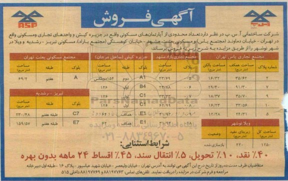 مزایده,مزایده فروش تعداد محدودی از اپارتمان های مسکونی