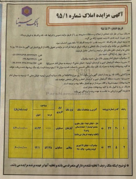 مزایده,مزایده فروش تعدادی از املاک و مستغلات با شرایط نقد و اقساط 