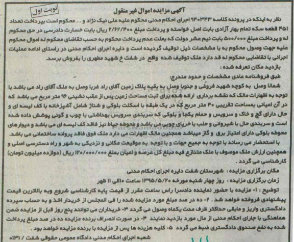 مزایده,مزایده ملک مساحت زمین پس از عقب نشینی نود و شش متر نوبت اول