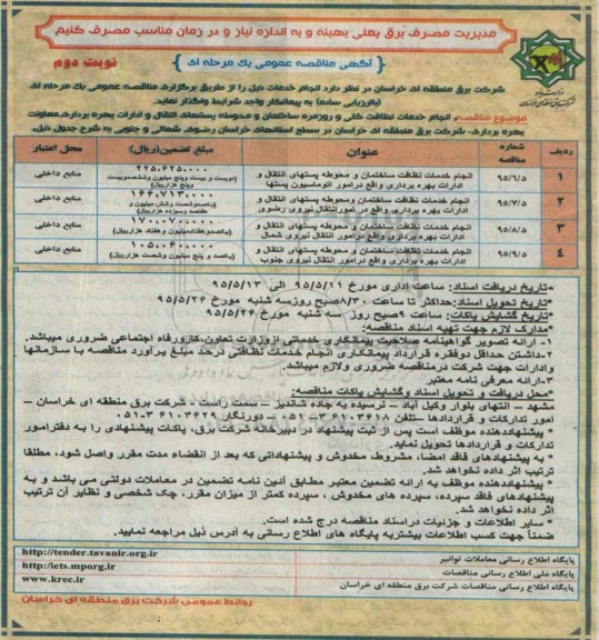 مناقصه عمومی یک مرحله ای , مناقصه عمومی یک مرحله ای انجام خدمات نظافت کلی و روزمره ساختمان ومحوطه پستهای انتقال....نوبت دوم