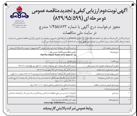 تجدید مناقصه , تجدید مناقصه خرید قطعات توربین بخار نوبت دوم