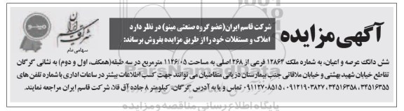 مزایده,مزایده ششدانگ عرصه و اعیان مساحت 1126.05متر