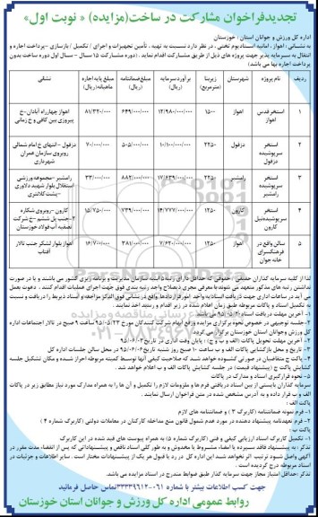 فراخوان مشارکت در ساخت (مزایده) , مزایده تهیه ، تامین تجهیزات و اجرای - تکمیل - بازسازی - پرداخت اجاره و انتقال جهت  استخر قدس اهواز... تجدید