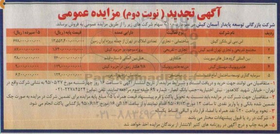 آگهی تجدید مزایده عمومی, مزایده فروش 100% سهام شرکت های اس سی تی بانکرز و ....تجدید نوبت دوم