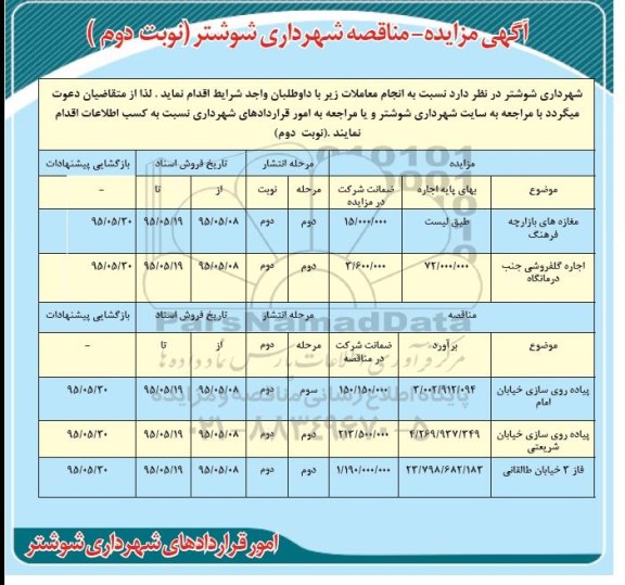 آگهی مزایده , مزایده مغازه های بازارچه فرهنگ... نوبت دوم