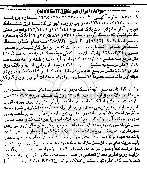 مزایده,مزایده ششدانگ دو باب اپارتمان های تحت پلاک بخش یک خوانسار