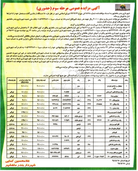 آگهی مزایده عمومی , مزایده 18 دستگاه از ماشین الات مستعمل مرحله سوم - 95.5.18