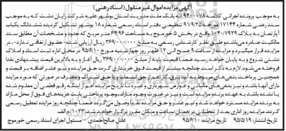 مزایده,مزایده ششدانگ اپارتمان به پلاک 1040/7929 کلاسه 9400078