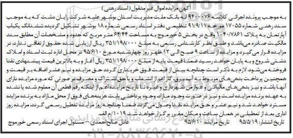 مزایده,مزایده ششدانگ اپارتمان به پلاک 1040/7861 کلاسه 9400076