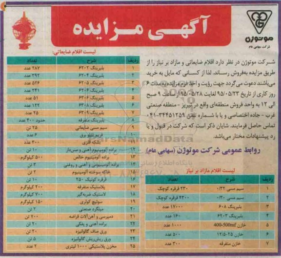آگهی مزایده , مزایده اقلام ضایعاتی و مازاد بر نیاز