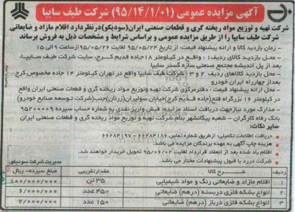 مزایده, مزایده مزایده اقلام مازاد و ضایعاتی رنگ و مواد شیمایی
