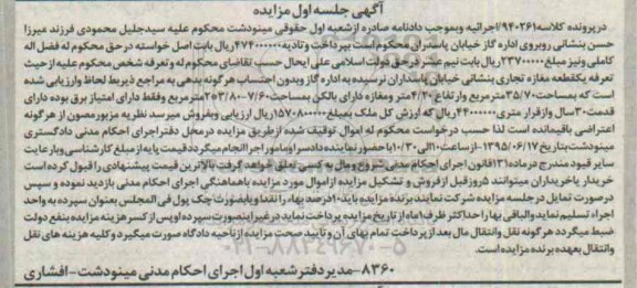 مزایده,مزایده یک قطعه مغازه تجاری در پرونده کلاسه 940261 جلسه اول