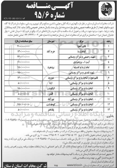 آگهی مناقصه, مناقصه نگهداری شبکه کابل و هوایی با تامین مصالح مراکز شهری و روستایی 