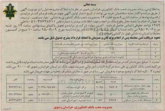 مزایده,مزایده واگذاری املاک شامل زمین منزل و دامداری