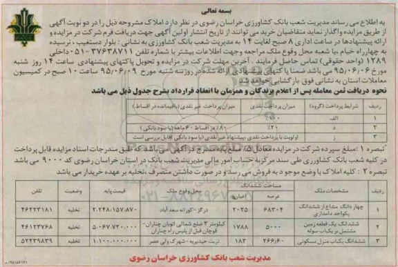 مزایده,مزایده واگذاری املاک شامل زمین منزل و دامداری 