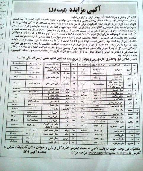 آگهی مزایده, مزایده واگذاری اداره و بهره برداری تعدادی از اماکن ورزشی به بخش خصوصی