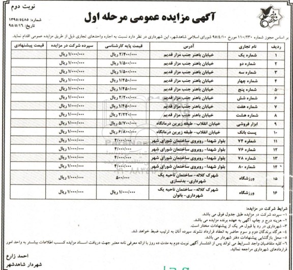 آگهی مزایده عمومی ,مزایده اجاره واحدهای تجاری - نوبت دوم