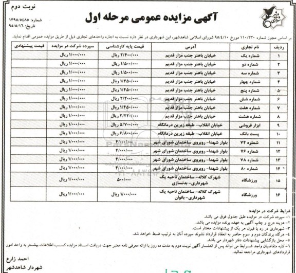 آگهی مزایده عمومی ,مزایده اجاره واحدهای تجاری   - نوبت دوم