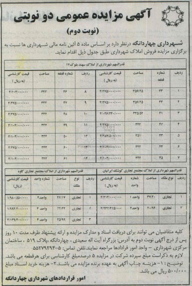 مزایده,مزایده فروش املاک شهرداری نوبت دوم