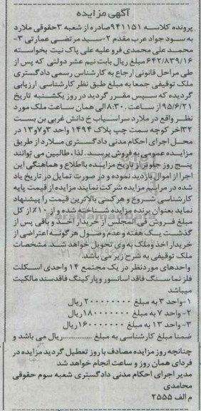 مزایده,مزایده ملک واحدهای مورد نظر در مجتمع 14 واحدی