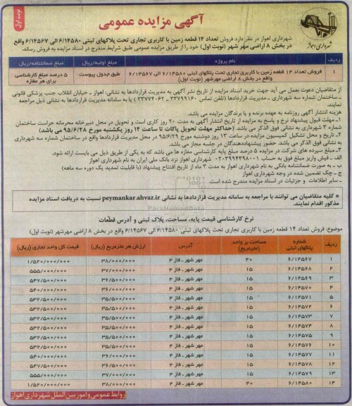 مزایده,مزایده فروش تعداد 14 قطعه زمین کاربری تجاری 