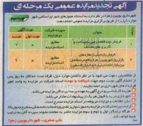 مزایده,مزایده فروش چند قطعه زمین و 11 باب از مغازه های بازار روز شهر نوبت دوم 