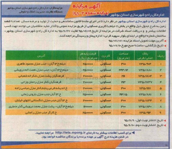 مزایده,مزایده واگذاری تعداد نه قطعه زمین بخش هفت دیلم
