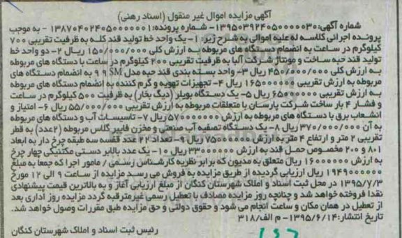 آگهی مزایده اموال غیر منقول, مزایده فروش یک واحد خط تولید قند کله و ...