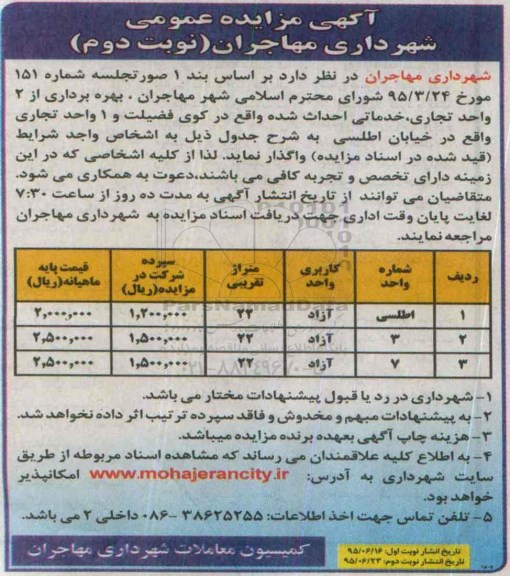 آگهی مزایده عمومی, مزایده بهره برداری از 2 واحد تجاری ، خدماتی- نوبت دوم