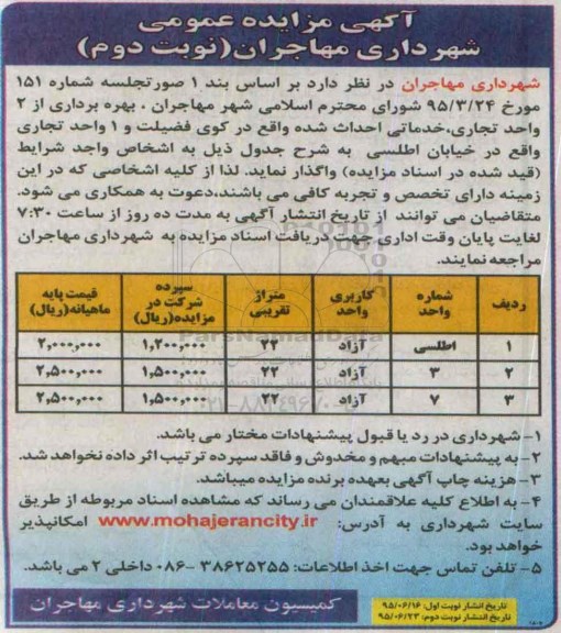 آگهی مزایده عمومی, مزایده  بهره برداری از 2 واحد تجاری ، خدماتی- نوبت دوم 